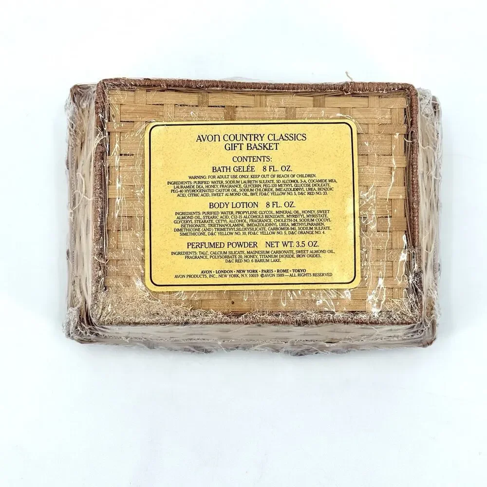 VTG 1989 Avon Country Classics Honey Almond Set of 3 Bath Gel Talc Lotion Basket